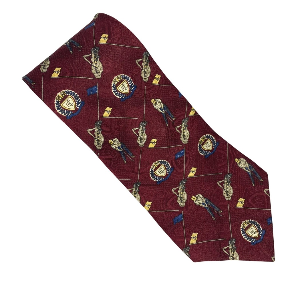HUNT CLUB Mens Italian Silk Tie Burgundy Golf Theme Wide Classic Luxury‎ VTG